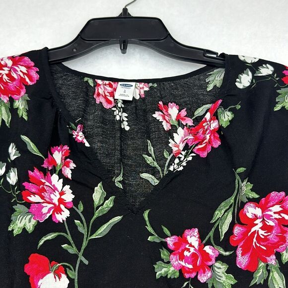 Old Navy Black Pink Floral Blouse Women’s Large Flowy Long Sleeve - Picture 3 of 8